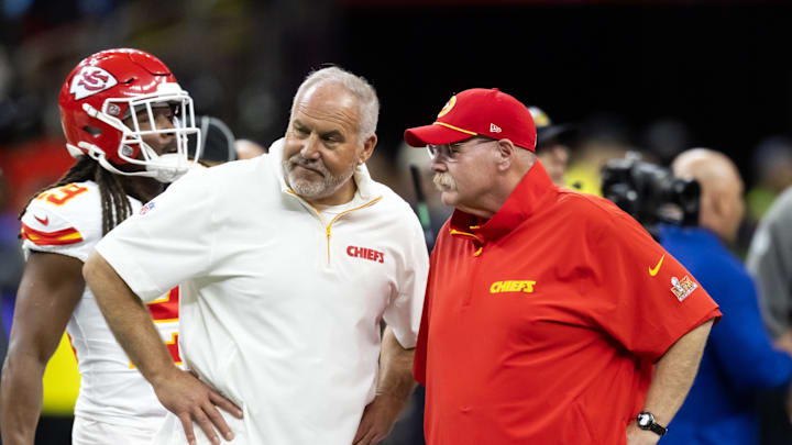 Feb 9, 2025; New Orleans, LA, USA; Kansas City Chiefs special teams coordinator Dave Toub (left) with head coach Andy Reid against the Philadelphia Eagles in Super Bowl LIX at Ceasars Superdome. Mandatory Credit: Mark J. Rebilas-Imagn Images Feb 9, 2025; New Orleans, LA, USA; Kansas City Chiefs special teams coordinator Dave Toub (left) with head coach Andy Reid against the Philadelphia Eagles in Super Bowl LIX at Ceasars Superdome. Mandatory Credit: Mark J. Rebilas-Imagn Images