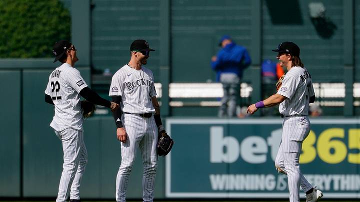 May 7, 2026; Denver, Colorado, USA; Colorado Rockies' Mickey Moniak (22), Brenton Doyle (9) and Jake McCarthy (31). Mandatory Credit: Isaiah J. Downing-Imagn Images