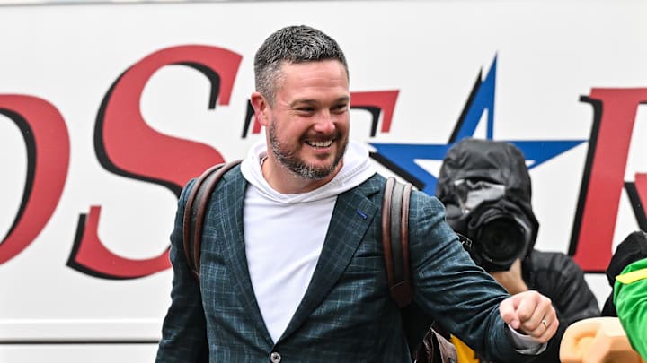 Nov 8, 2025; Iowa City, Iowa, USA; Oregon Ducks head coach Dan Lanning enters Kinnick Stadium before the game against the Iowa Hawkeyes. 