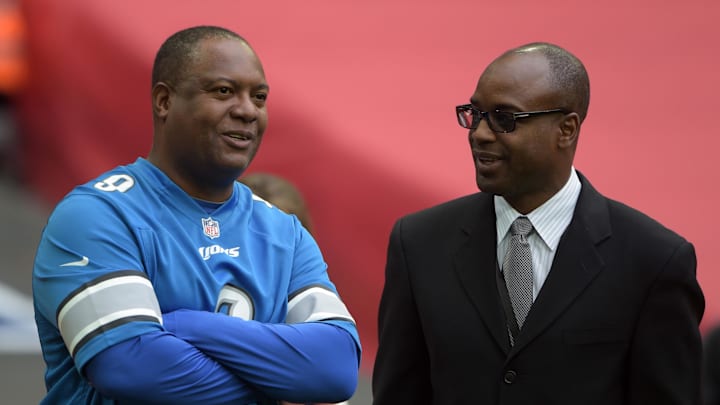Detroit Lions former quarterback Rodney Peete (left) and vice president of pro personnel Sheldon White attend the NFL International Series game against the Atlanta Falcons at Wembley Stadium. The Lions defeated the Falcons in 2014.