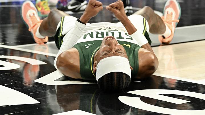 Sep 18, 2025; Las Vegas, Nevada, USA; Seattle Storm guard Erica Wheeler (17) reacts to a play against the Las Vegas Aces in the fourth quarter during game three of round one for the 2025 WNBA Playoffs at Michelob Ultra Arena. Mandatory Credit: Candice Ward-Imagn Images