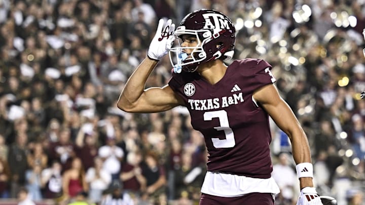 Nov 16, 2024; College Station, Texas, USA; Texas A&M Aggies wide receiver Noah Thomas (3) reacts after scoring a touchdown during the first quarter against the New Mexico State Aggies at Kyle Field. Mandatory Credit: Maria Lysaker-Imagn Images 