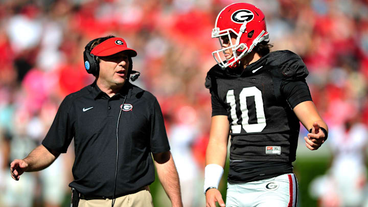 Georgia Head Coach Kirby Smart talks with Georgia quarterback Jacob Eason during the annual G-Day game on Saturday, April 16, 2016 in Athens, Ga. 
(Richard Hamm/Staff) OnlineAthens / Athens Banner-Heraldd