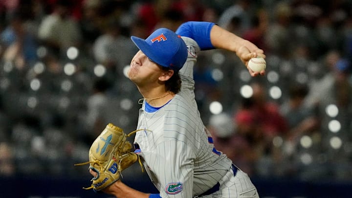 May 21, 2025; Hoover, AL, USA; Florida pitcher Liam Peterson (12) starts the game with Ole Miss in the second round of the SEC Baseball Tournament at the Hoover Met.