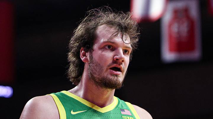 Jan 5, 2026; Piscataway, New Jersey, USA; Oregon Ducks center Nate Bittle (32) reacts during the second half against the Rutgers Scarlet Knights at Jersey Mike's Arena. Mandatory Credit: Vincent Carchietta-Imagn Images