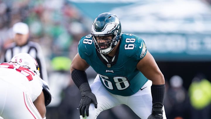 Dec 31, 2023; Philadelphia, Pennsylvania, USA; Philadelphia Eagles offensive tackle Jordan Mailata (68) in a game against the Arizona Cardinals at Lincoln Financial Field. Mandatory Credit: Bill Streicher-Imagn Images