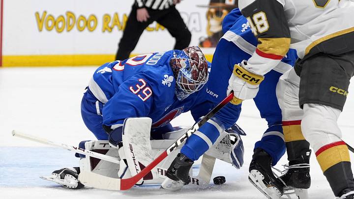 Apr 11, 2026; Denver, Colorado, USA; Colorado Avalanche goaltender MacKenzie Blackwood (39) makes a save in the first period against the Vegas Golden Knights at Ball Arena. Mandatory Credit: Ron Chenoy-Imagn Images