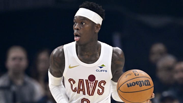Mar 25, 2026; Cleveland, Ohio, USA; Cleveland Cavaliers guard Dennis Schroder (8) looks to pass in the first quarter against the Miami Heat at Rocket Arena. Mandatory Credit: David Richard-Imagn Images