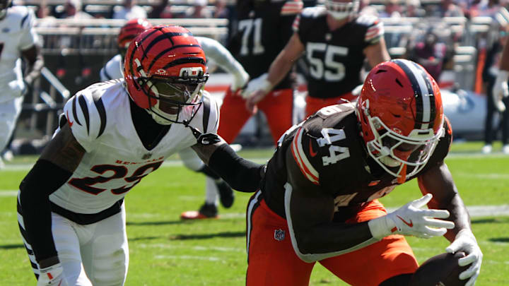 Bengals Cam Taylor-Britt (29) chases down Browns Harold.Fannin Jr. (44) during their game at Huntington Bank Field on Sunday September 7, 2025. The Bengals won the game with a final score of 17-16. Bengals Cam Taylor-Britt (29) chases down Browns Harold.Fannin Jr. (44) during their game at Huntington Bank Field on Sunday September 7, 2025. The Bengals won the game with a final score of 17-16.