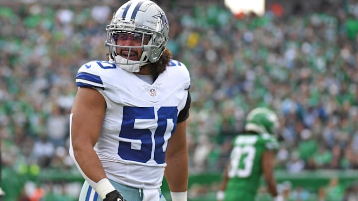 Dec 29, 2024; Philadelphia, Pennsylvania, USA; Dallas Cowboys linebacker Eric Kendricks (50) against the Philadelphia Eagles at Lincoln Financial Field. Mandatory Credit: Eric Hartline-Imagn Images
