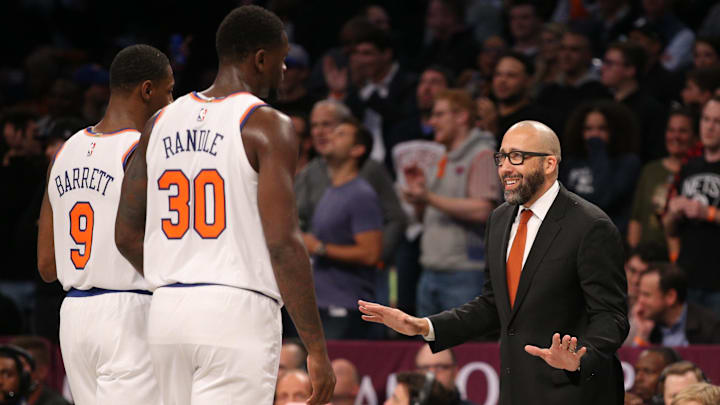 Oct 25, 2019; Brooklyn, NY, USA; New York Knicks head coach David Fizdale (right) coaches New York Knicks small forward RJ Barrett (9) and center Julius Randle (30) during the fourth quarter against the Brooklyn Nets at Barclays Center. Mandatory Credit: Brad Penner-Imagn Images