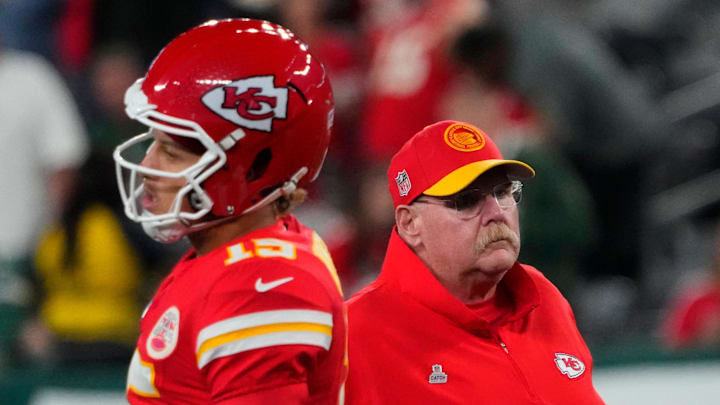Oct 1, 2023; East Rutherford, New Jersey, USA; Kansas City Chiefs quarterback Patrick Mahomes (15) and Kansas City Chiefs head coach Andy Reid pre game against the Jets at MetLife Stadium. Mandatory Credit: Robert Deutsch-Imagn Images