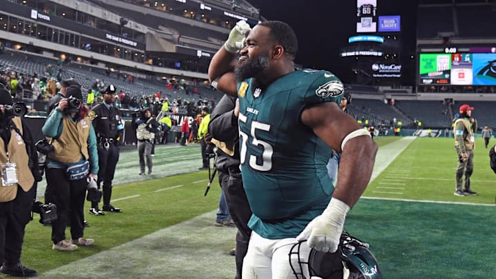 Nov 14, 2024; Philadelphia, Pennsylvania, USA; Philadelphia Eagles defensive end Brandon Graham (55) runs off the field after win against the Washington Commanders at Lincoln Financial Field. Mandatory Credit: Eric Hartline-Imagn Images