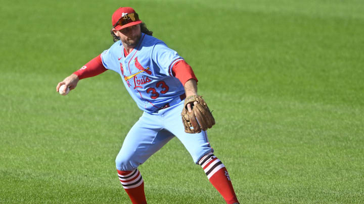 Jun 28, 2025; Cleveland, Ohio, USA; St. Louis Cardinals second baseman Brendan Donovan (33) throws to first base in the sixth inning against the Cleveland Guardians at Progressive Field. Mandatory Credit: David Richard-Imagn Images