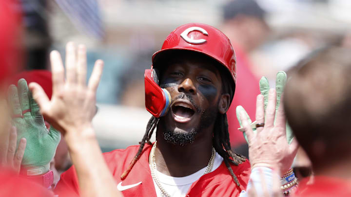 Jun 15, 2025; Detroit, Michigan, USA;  Cincinnati Reds designated hitter Elly De La Cruz (44) receives congratulations from teammates after he hits a two run home run in the ninth inning against the Detroit Tigers at Comerica Park. Mandatory Credit: Rick Osentoski-Imagn Images