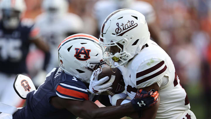 Oct 28, 2023; Auburn, Alabama, USA; Mississippi State Bulldogs running back Seth Davis (23) is Oct 28, 2023; Auburn, Alabama, USA; Mississippi State Bulldogs running back Seth Davis (23) is