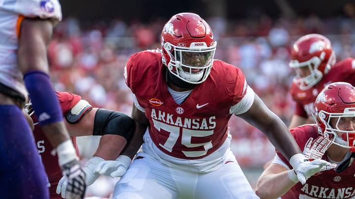 Arkansas Razorbacks left tackle Kavion Broussard looks to block during the second half against North Alabama. Arkansas Razorbacks left tackle Kavion Broussard looks to block during the second half against North Alabama.