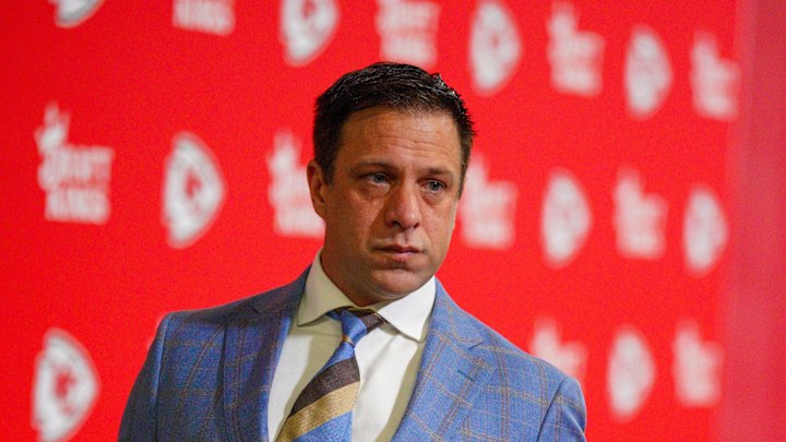 Nov 10, 2024; Kansas City, Missouri, USA; Kansas City Chiefs general manager Brett Veach arrives to the stadium prior to a game against the Denver Broncos at GEHA Field at Arrowhead Stadium. Mandatory Credit: Denny Medley-Imagn Images