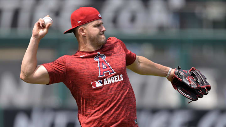 May 26, 2025; Anaheim, California, USA;  Los Angeles Angels right fielder Mike Trout (27) works out on the field prior to the game against the New York Yankees at Angel Stadium. Mandatory Credit: Jayne Kamin-Oncea-Imagn Images