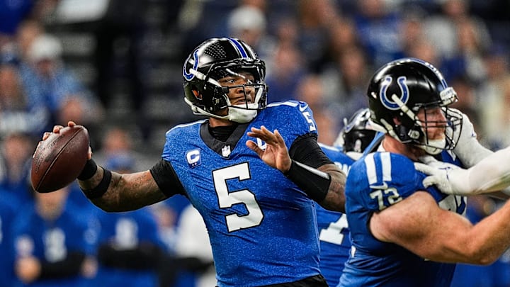 Indianapolis Colts quarterback Anthony Richardson (5) makes a pass against Detroit Lions during the second half at Lucas Oil Stadium in Indianapolis, Ind. on Sunday, Nov. 24, 2024.
