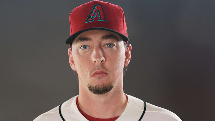 Feb 18, 2026; Scottsdale, AZ, USA; Arizona Diamondbacks pitcher Taylor Clarke (45) poses for a photo for MLB media day at Salt River Fields at Talking Stick. Mandatory Credit: Allan Henry-Imagn Images