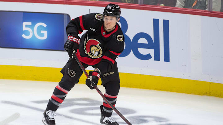 Jan 25, 2024; Ottawa, Ontario, CAN; Ottawa Senators defenseman Jakob Chychrun (6) shoots the puck in