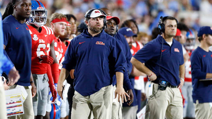 Oct 28, 2023; Oxford, Mississippi, USA; Mississippi Rebels defensive coorinator Pete Golding watches