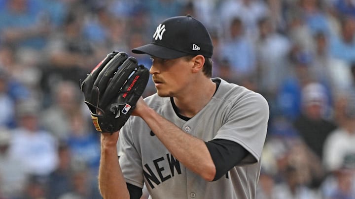 New York Yankees starting pitcher Max Fried (54) looks into home plate before throwing a pitch in the first inning against the Kansas City Royals at Kauffman Stadium on June 10.