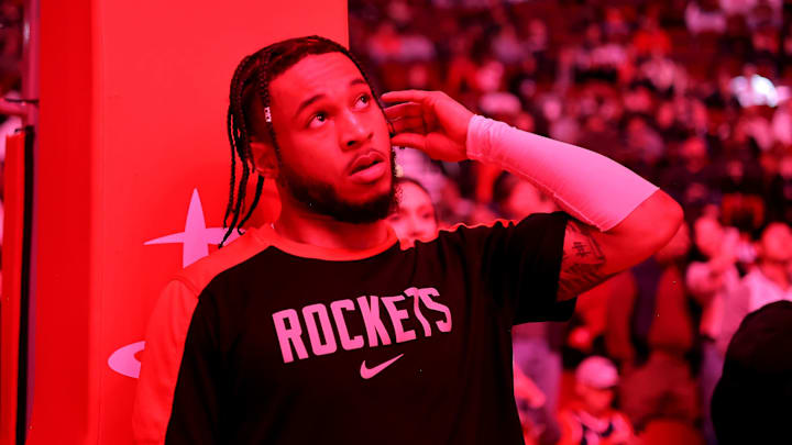 Jan 22, 2025; Houston, Texas, USA; Houston Rockets guard Cam Whitmore (7) prior to the game against the Cleveland Cavaliers at Toyota Center. Mandatory Credit: Erik Williams-Imagn Images