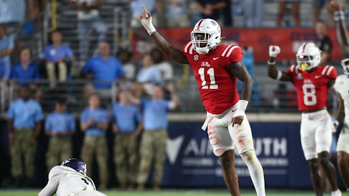 Sep 21, 2024; Oxford, Mississippi, USA; Mississippi Rebels linebacker Chris Paul Jr. (11) reacts after a defensive stop during the first half against the Georgia Southern Eagles at Vaught-Hemingway Stadium. Mandatory Credit: Petre Thomas-Imagn Images Sep 21, 2024; Oxford, Mississippi, USA; Mississippi Rebels linebacker Chris Paul Jr. (11) reacts after a defensive stop during the first half against the Georgia Southern Eagles at Vaught-Hemingway Stadium. Mandatory Credit: Petre Thomas-Imagn Images