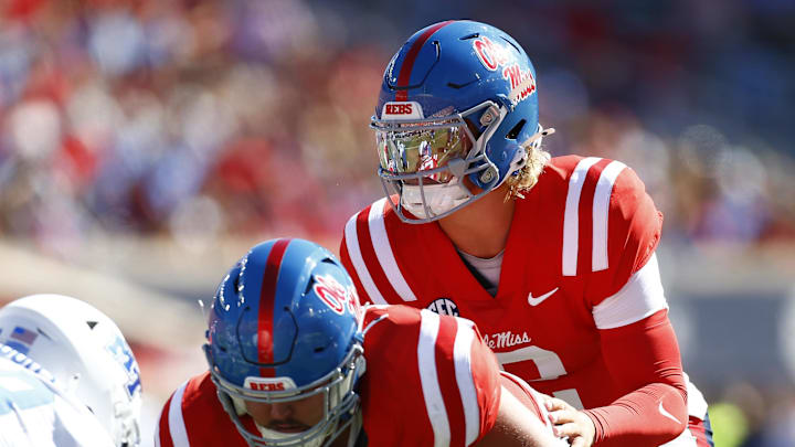 Sep 7, 2024; Oxford, Mississippi, USA; Mississippi Rebels quarterback Jaxson Dart (2) lines up under center  during the first half against the Middle Tennessee Blue Raiders at Vaught-Hemingway Stadium. Mandatory Credit: Petre Thomas-Imagn Images