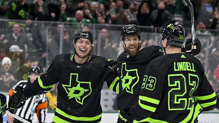 Dec 11, 2023; Dallas, Texas, USA; Dallas Stars left wing Jason Robertson (21) and defenseman Jani