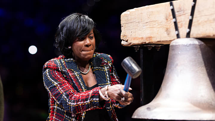 Jan 15, 2024; Philadelphia, Pennsylvania, USA; Philadelphia mayor Cherelle Parker rings the ceremonial bell before action between the Philadelphia 76ers and the Houston Rockets at Wells Fargo Center. Mandatory Credit: Bill Streicher-Imagn Images
