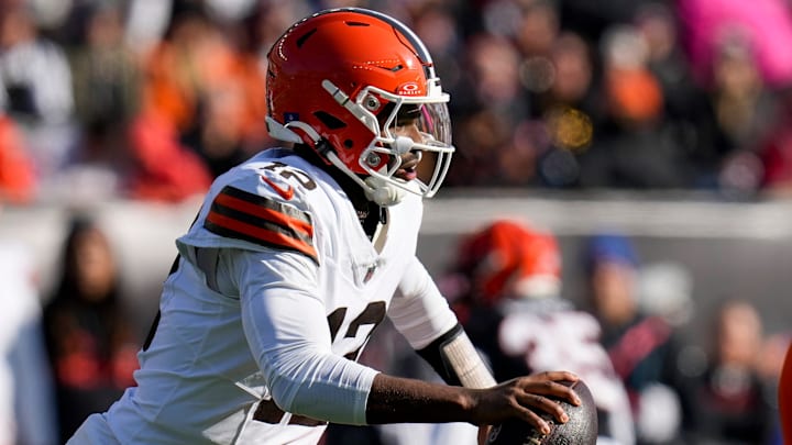 Cleveland Browns quarterback Shedeur Sanders (12) scrambles in the first quarter of the NFL Week 18 game between the Cincinnati Bengals and the Cleveland Browns at Paycor Stadium in Downtown Cincinnati on Sunday, Jan. 4, 2026. Cleveland Browns quarterback Shedeur Sanders (12) scrambles in the first quarter of the NFL Week 18 game between the Cincinnati Bengals and the Cleveland Browns at Paycor Stadium in Downtown Cincinnati on Sunday, Jan. 4, 2026.
