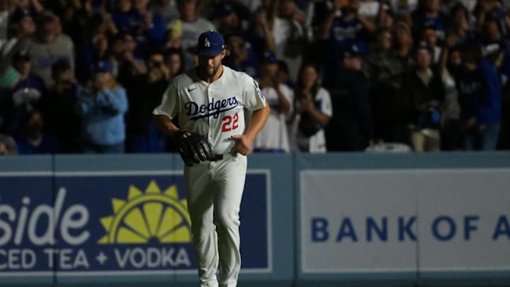 Oct 8, 2025; Los Angeles, California, USA; Los Angeles Dodgers pitcher Clayton Kershaw (22) enters the game to pitch during the seventh inning against the Philadelphia Phillies during game three of the NLDS round for the 2025 MLB playoffs at Dodger Stadium. Mandatory Credit: Jayne Kamin-Oncea-Imagn Images