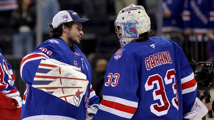 Mar 27, 2026; New York, New York, USA; New York Rangers goaltender Dylan Garand (33) is congratulated by goaltender Igor Shesterkin (31) after his first career NHL win against the Chicago Blackhawks at Madison Square Garden. Mandatory Credit: Brad Penner-Imagn Images