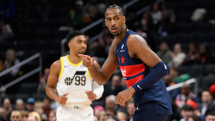 Mar 5, 2025; Washington, District of Columbia, USA; Washington Wizards forward Alex Sarr (20) reacts during the first quarter against the Utah Jazz  at Capital One Arena. Mandatory Credit: Reggie Hildred-Imagn Images