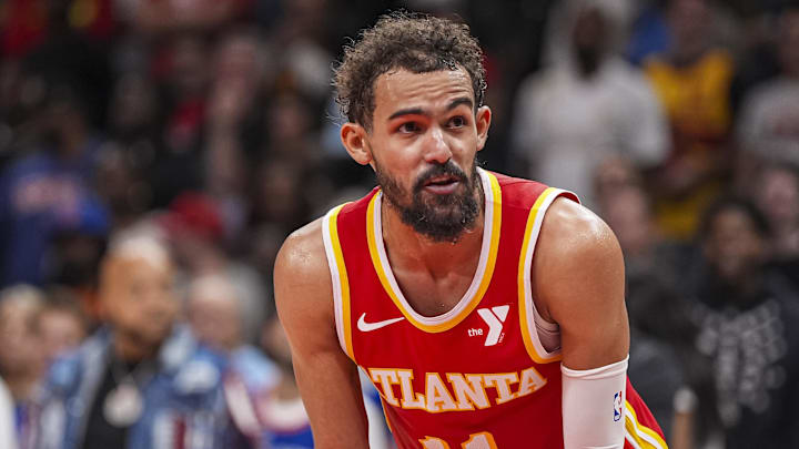 Nov 6, 2024; Atlanta, Georgia, USA; Atlanta Hawks guard Trae Young (11) shown on the court against the New York Knicks during the second half at State Farm Arena. Mandatory Credit: Dale Zanine-Imagn Images