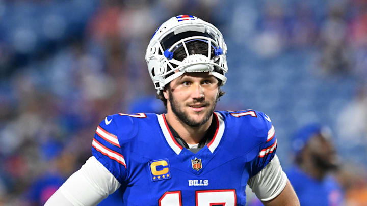 Sep 18, 2025; Orchard Park, New York, USA; Buffalo Bills quarterback Josh Allen (17) looks on before the game against the Miami Dolphins at Highmark Stadium