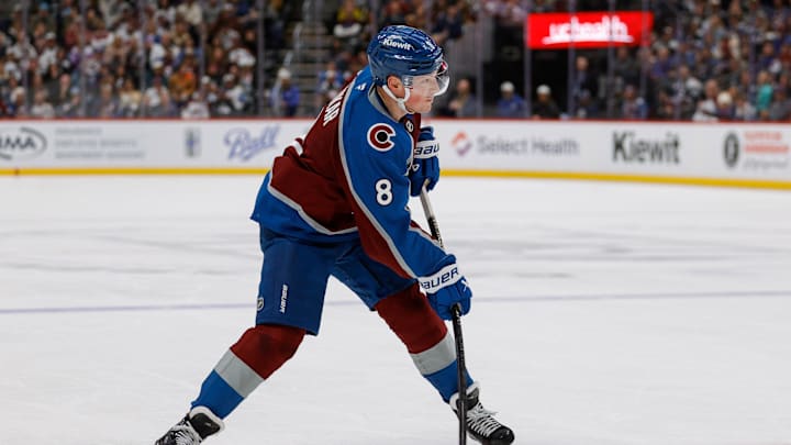 Jan 10, 2026; Denver, Colorado, USA; Colorado Avalanche defenseman Cale Makar (8) controls the puck in the second period against the Columbus Blue Jackets at Ball Arena. Mandatory Credit: Isaiah J. Downing-Imagn Images