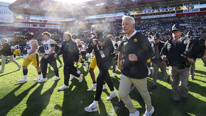 Dec 31, 2025; Tampa, FL, USA; Iowa Hawkeyes head coach Kirk Ferentz reacts after beating the Vanderbilt Commodores in the ReliaQuest Bowl at Raymond James Stadium. Mandatory Credit: Nathan Ray Seebeck-Imagn Images