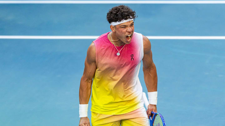 Jan 22, 2025; Melbourne, Victoria, Australia; Ben Shelton of United States of America celebrates during his match against Lorenzo Sonego of Italy in the quarterfinals of the men's singles at the 2025 Australian Open at Melbourne Park. Mandatory Credit: Mike Frey-Imagn Images