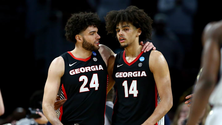 Mar 20, 2025; Wichita, KS, USA; Georgia Bulldogs forward Jaden Newell (24) and forward Asa Newell (14) in the second half of a first round men’s NCAA Tournament game against the Gonzaga Bulldogs at Intrust Bank Arena. Mandatory Credit: Nick Tre. Smith-Imagn Images