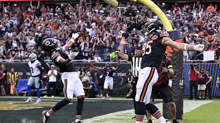 Sep 21, 2025; Chicago, Illinois, USA; Chicago Bears tight end Cole Kmet (85) reacts after a touchdown catch against the Dallas Cowboys during the first half at Soldier Field. Mandatory Credit: David Banks-Imagn Images