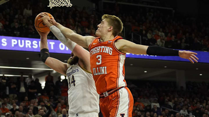 Dec 6, 2024; Evanston, Illinois, USA; Illinois Fighting Illini forward Ben Humrichous (3) defends Northwestern Wildcats center Matthew Nicholson (34) during the second half at Welsh-Ryan Arena. Mandatory Credit: David Banks-Imagn Images