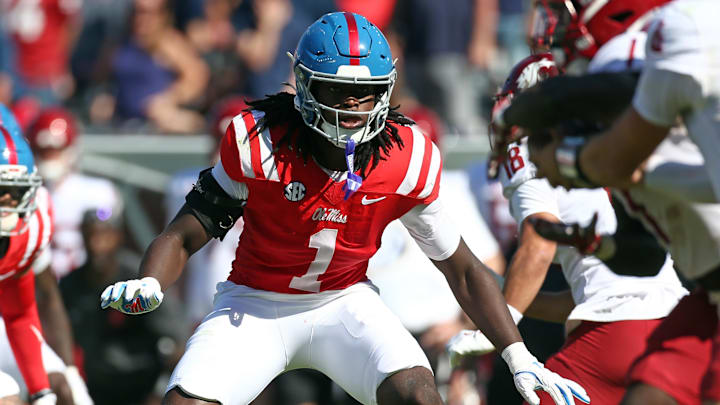 Oct 11, 2025; Oxford, Mississippi, USA; Mississippi Rebels linebacker Princewill Umanmielen (1) defends during the fourth quarter against the Washington State Cougars at Vaught-Hemingway Stadium. Mandatory Credit: Petre Thomas-Imagn Images