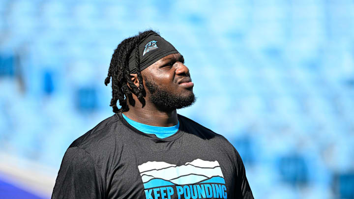 Oct 13, 2024; Charlotte, North Carolina, USA; Carolina Panthers offensive tackle Ikem Ekwonu (79) before the game at Bank of America Stadium. 