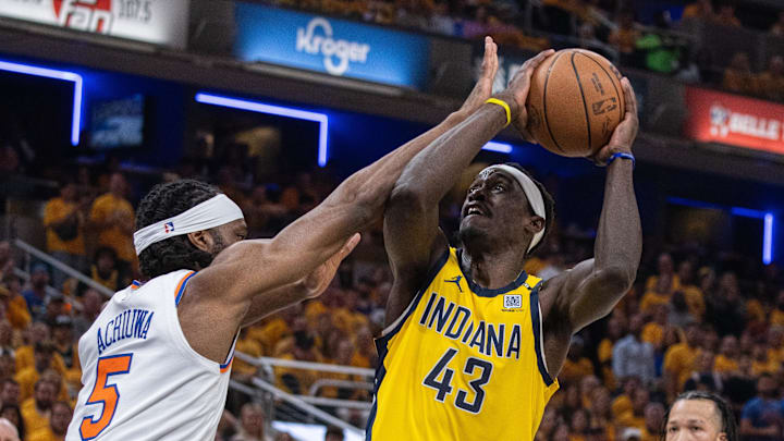 May 17, 2024; Indianapolis, Indiana, USA; Indiana Pacers forward Pascal Siakam (43) shoots the ball