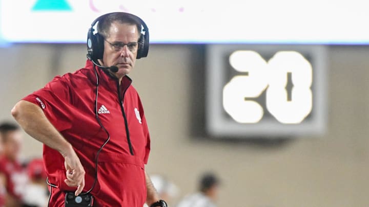 Sep 12, 2025; Bloomington, Indiana, USA; Indiana Hoosiers head coach Curt Cignetti walks along the sideline during the second half against the Indiana State Sycamores at Memorial Stadium. Mandatory Credit: Robert Goddin-Imagn Images