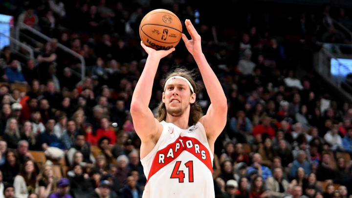 Mar 25, 2024; Toronto, Ontario, CAN;  Toronto Raptors forward Kelly Olynyk (41) shoots the ball against the Brooklyn Nets in the second half at Scotiabank Arena. Mandatory Credit: Dan Hamilton-USA TODAY Sports